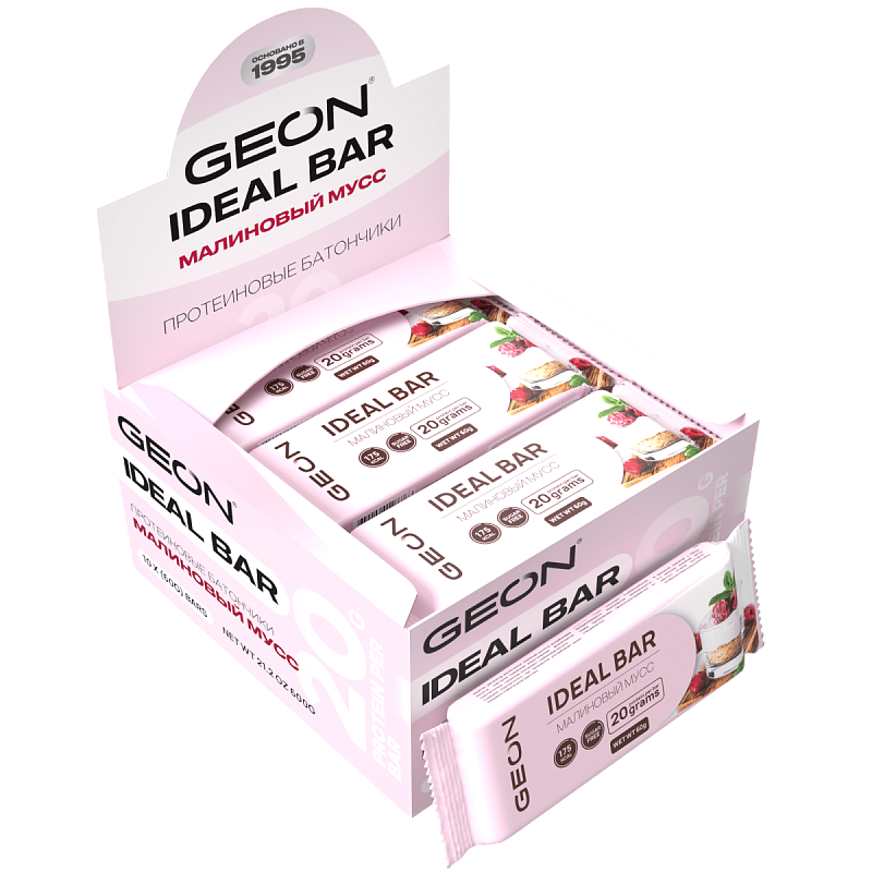Протеиновые батончики GEON IDEALBAR Малиновый мусс, 33% белка (60г х 10шт.)