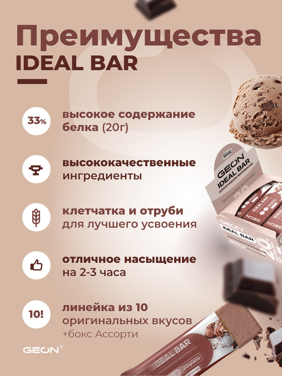 Протеиновые батончики GEON IDEALBAR  Шоколадное мороженое, 33% белка (60г х 10шт.)