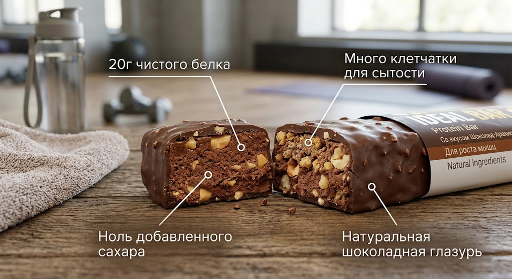 Протеиновый батончик без сахара в разрезе с выносками: 20г белка, много клетчатки, ноль сахара, натуральная глазурь.