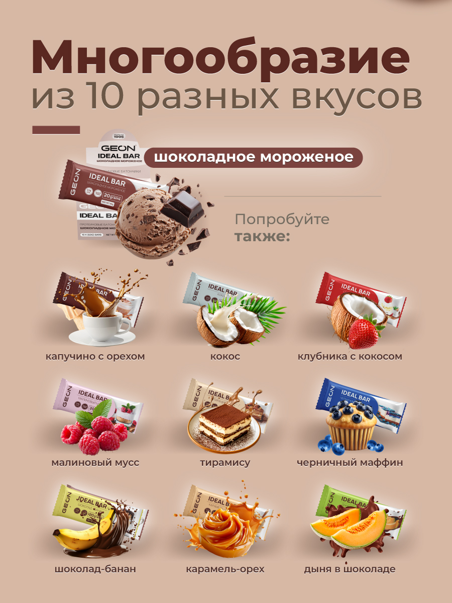 Протеиновые батончики GEON IDEALBAR  Шоколадное мороженое, 33% белка (60г х 10шт.)
