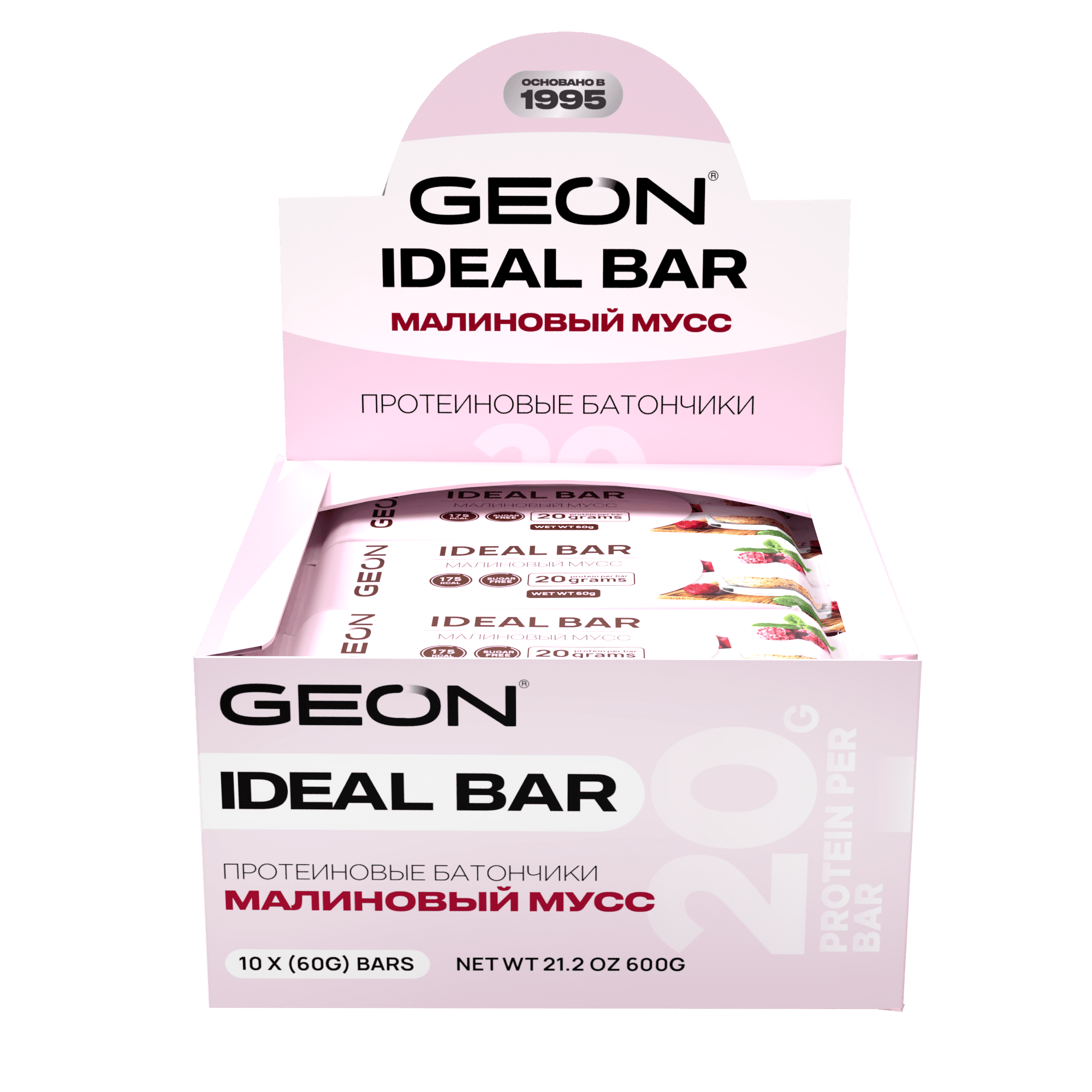 Протеиновые батончики GEON IDEALBAR Малиновый мусс, 33% белка (60г х 10шт.)