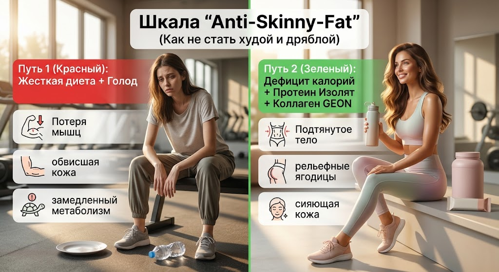 Сравнение последствий жесткой голодной диеты (потеря мышц, дряблость) и здорового похудения с помощью дефицита калорий, протеина и коллагена (подтянутая фигура, упругая кожа).