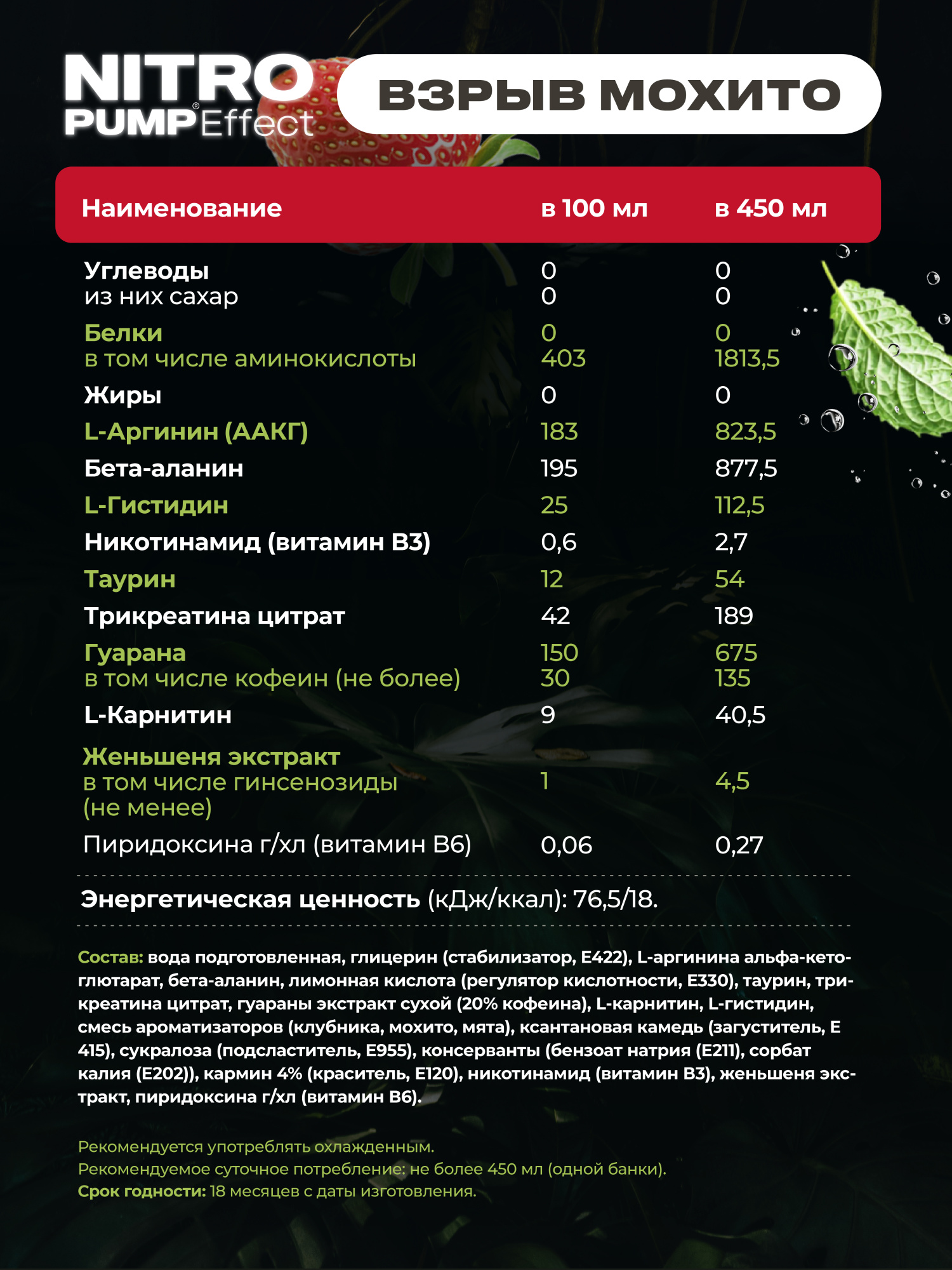 Энергетический напиток GEON™ NITRO PUMP Effect, Взрыв мохито, 450 мл
