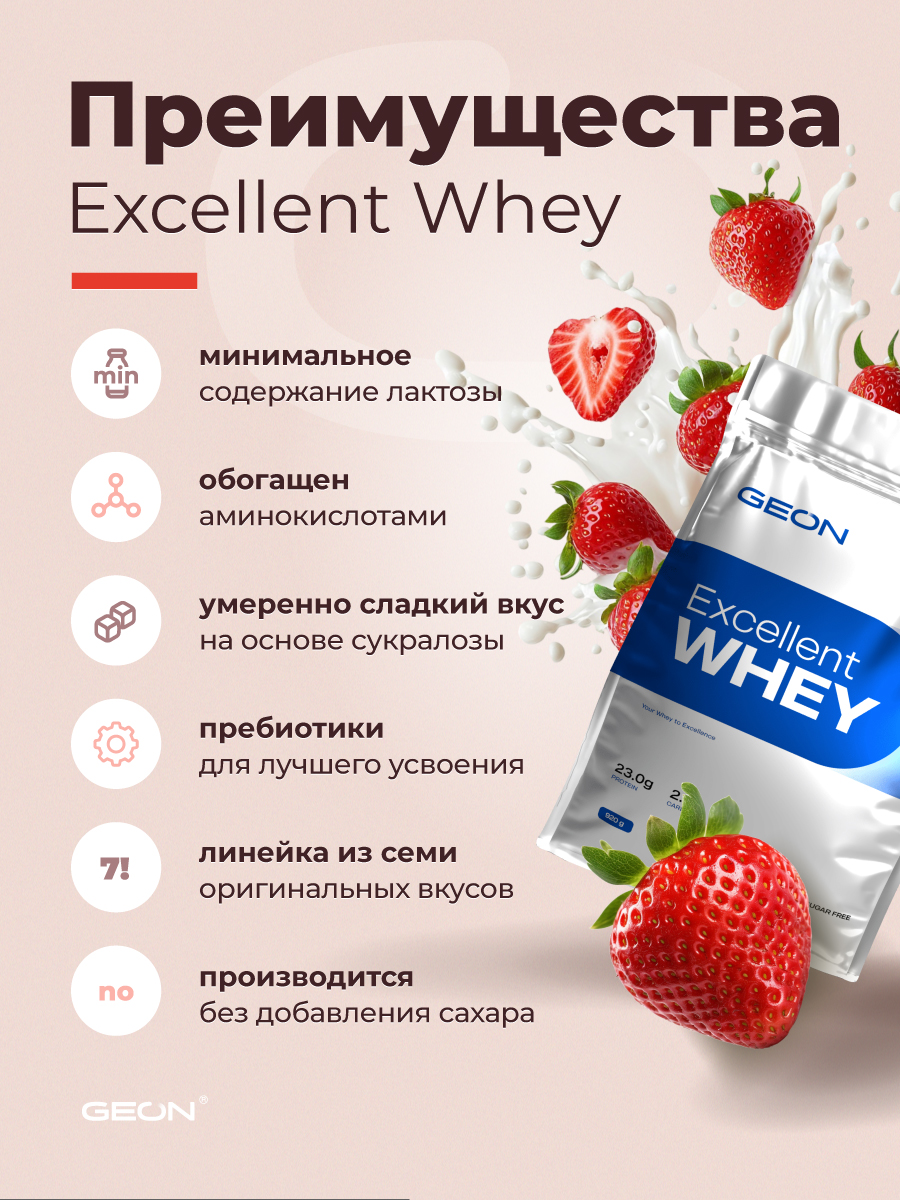 Протеин GEON EXCELLENT WHEY Клубника со сливками, 77% белка (920г)