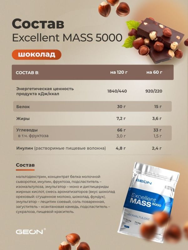 Гейнер GEON EXCELLENT MASS 5000 Лесной орех и Шоколад, 25% белка 920 грамм