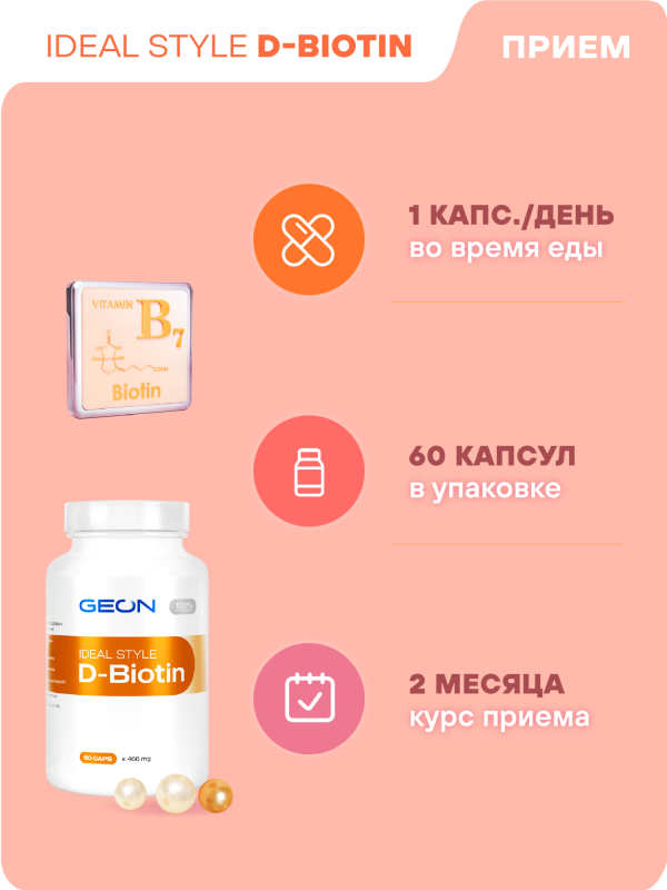 Защита и питание кожи, ногтей и волос GEON™ IDEAL STYLE D-Biotin 60 капсул x 466 мг