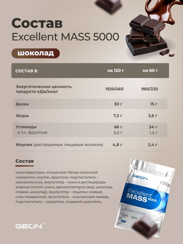 Гейнер GEON EXCELLENT MASS 5000 Шоколад, 25% белка 2720 грамм
