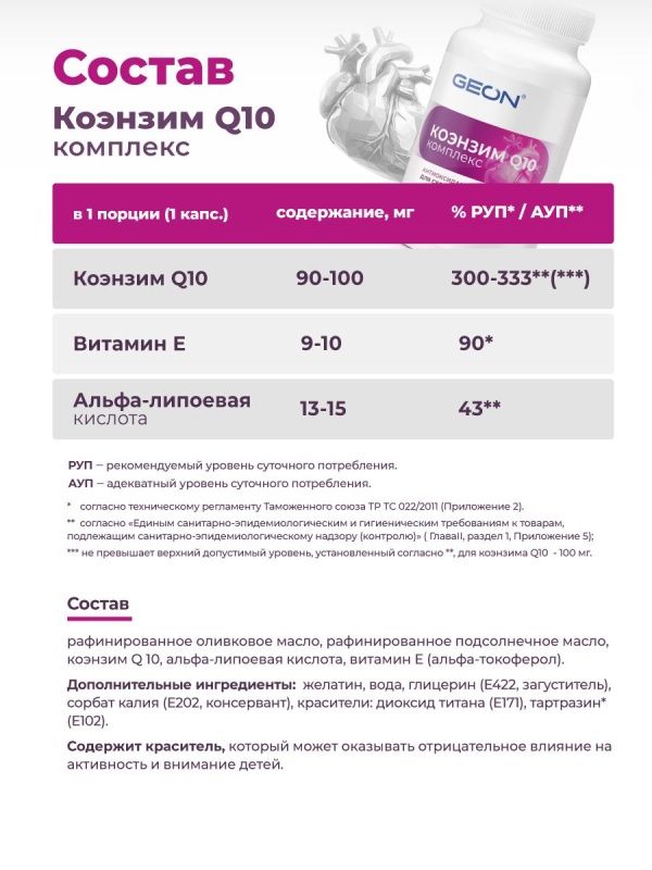 Защита сердца и сосудов Coenzyme Q10 complex GEON™ 60 капсул х 1025 мг