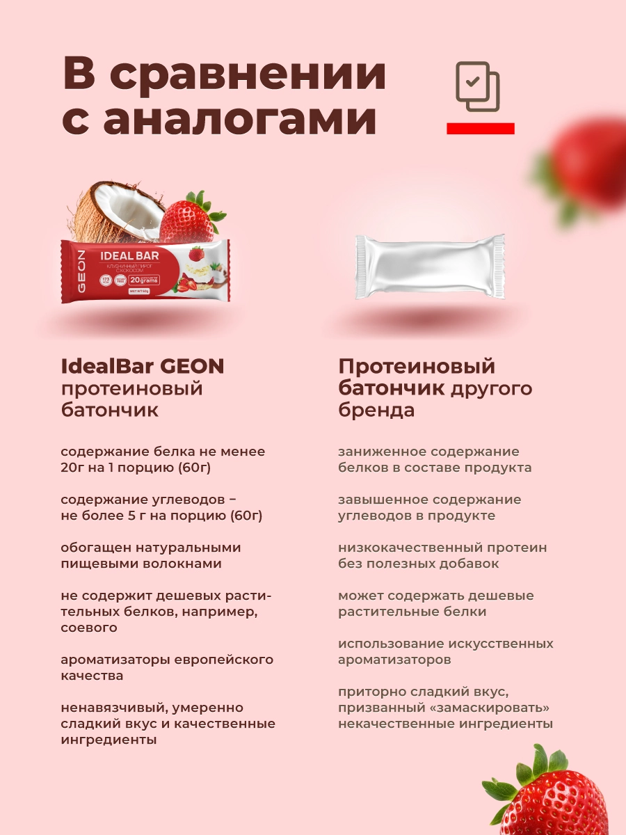 Протеиновые батончики GEON IDEALBAR Клубничный пирог с кокосом, 33% белка (60г х 10шт.)