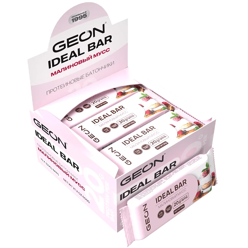 Протеиновые батончики GEON IDEALBAR Малиновый мусс, 33% белка (60г х 10шт.)