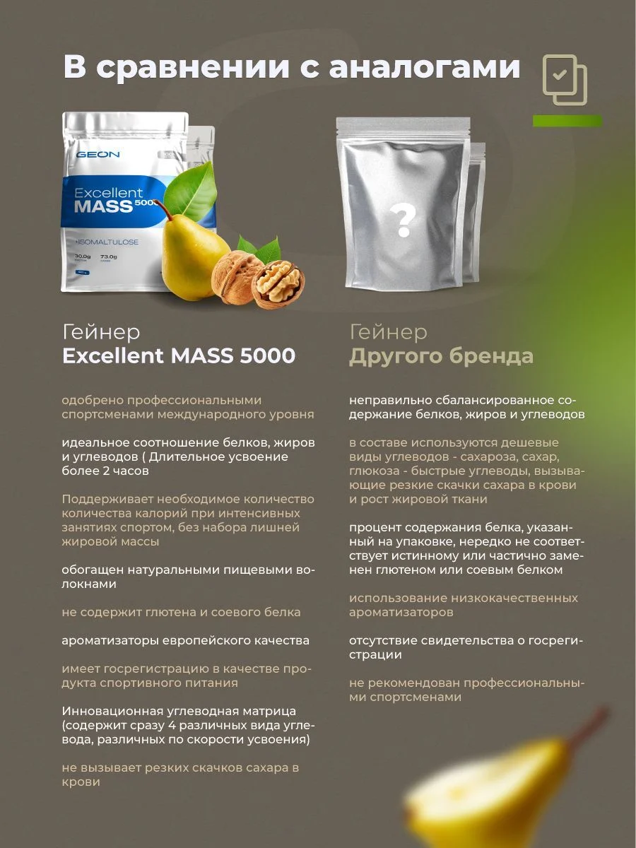 Гейнер GEON EXCELLENT MASS 5000 Груша и Грецкий орех, 25% белка 920 грамм