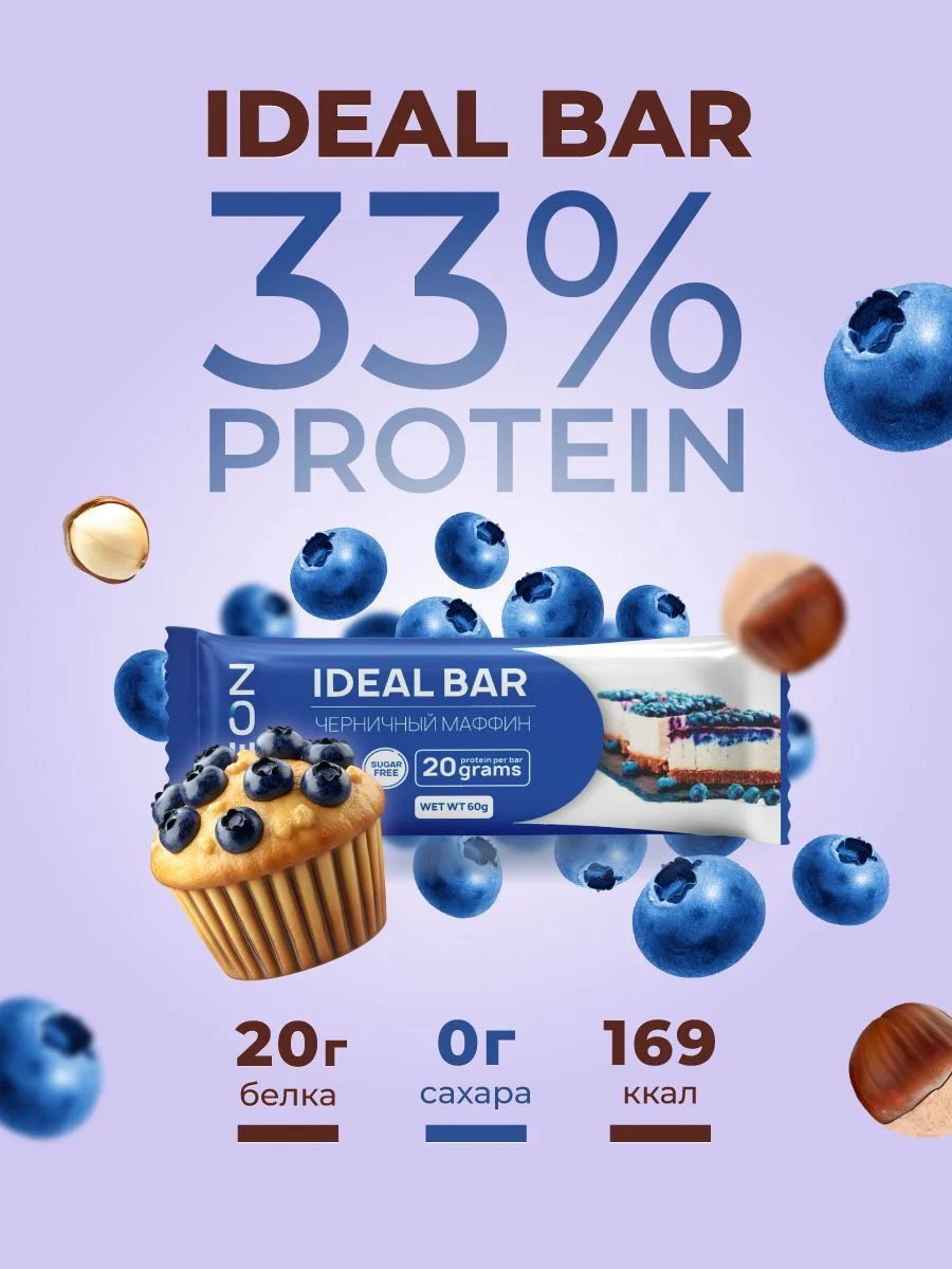 Протеиновые батончики GEON IDEALBAR  Черничный маффин, 33% белка (60г х 10шт.)