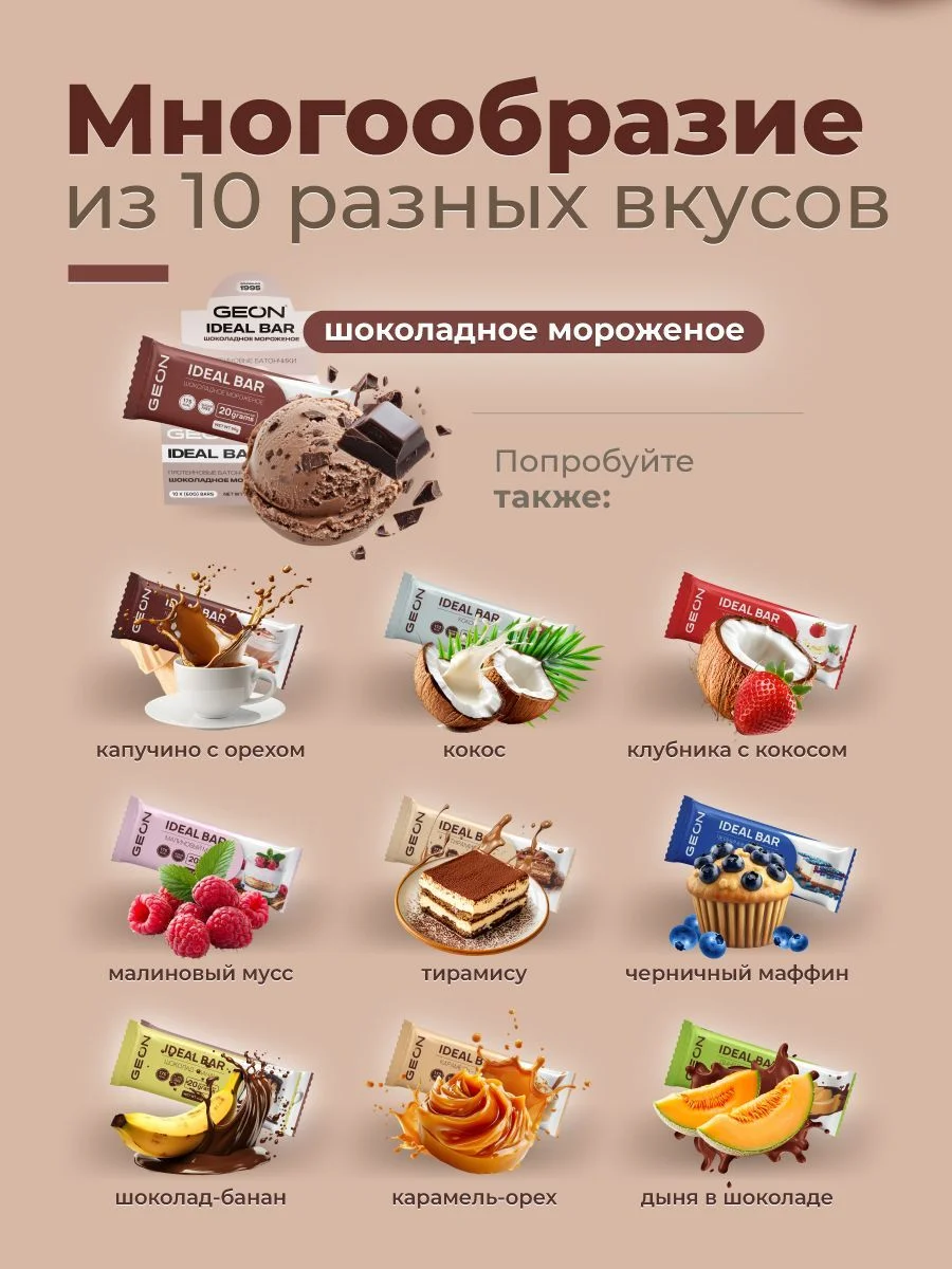 Протеиновые батончики GEON IDEALBAR  Шоколадное мороженое, 33% белка (60г х 10шт.)